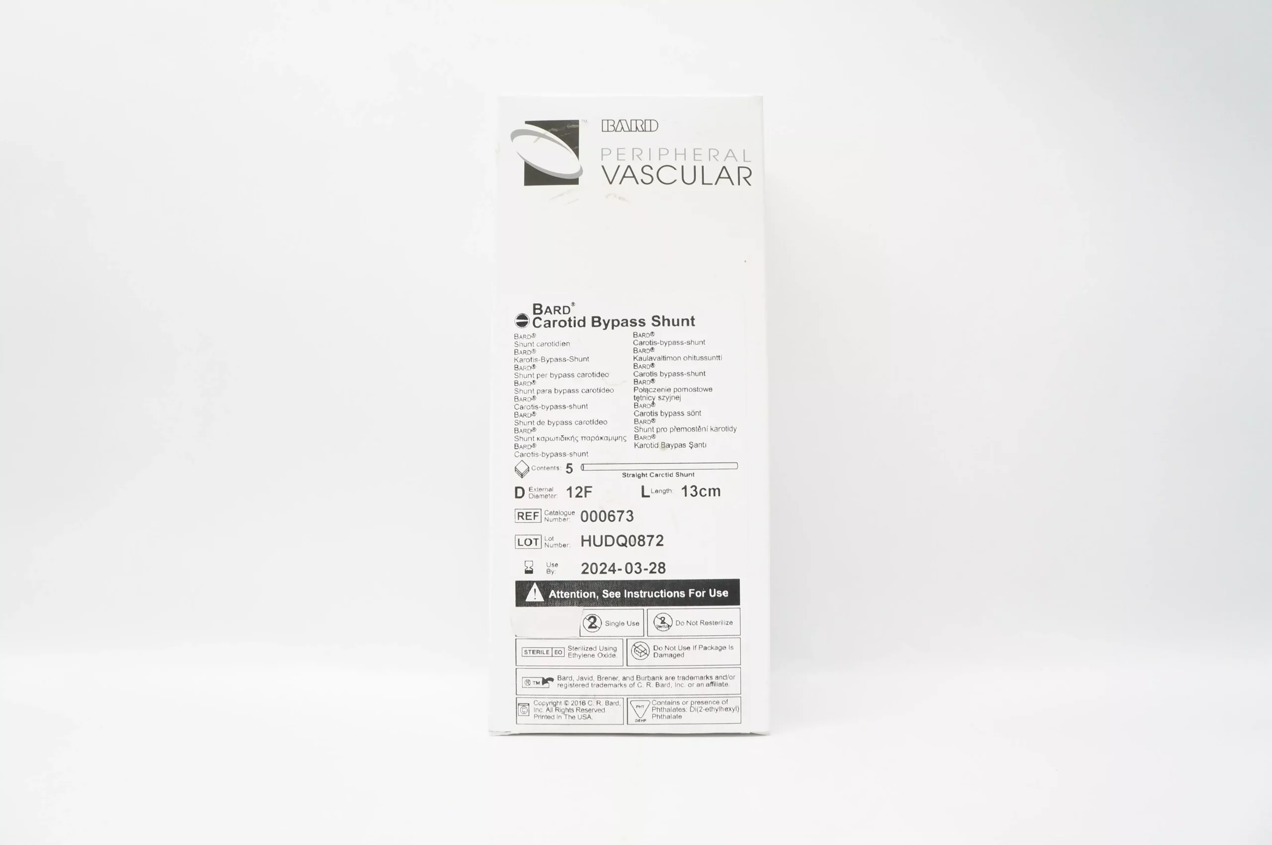 Bard 000673 Carotid Bypass Shunt, Diam. 12F, Length 13cm - Box of 5