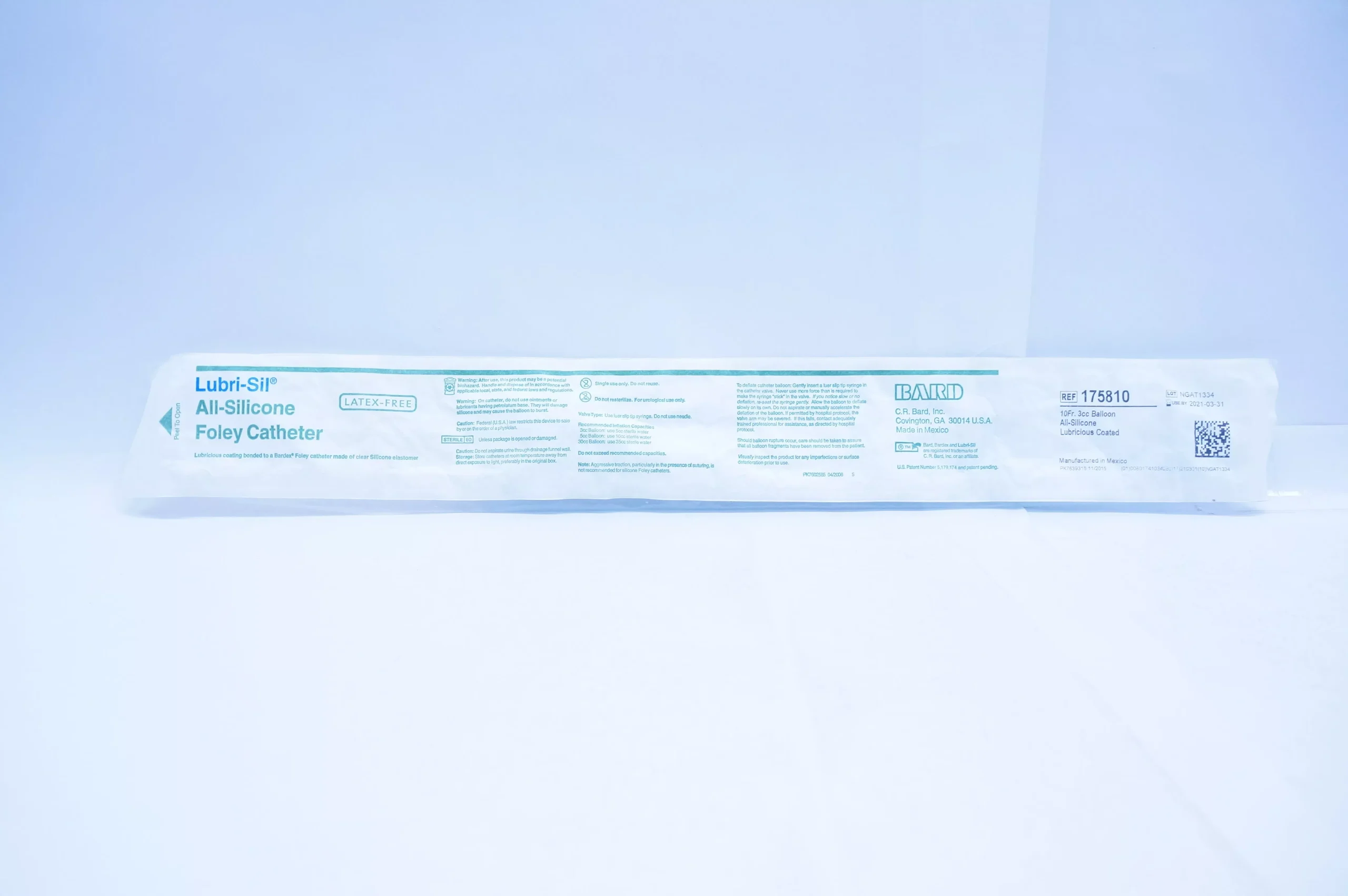 Bard 175810 Lubri-Sil All-Silicone Foley Cath. 10Fr. 3cc Balloon (x)