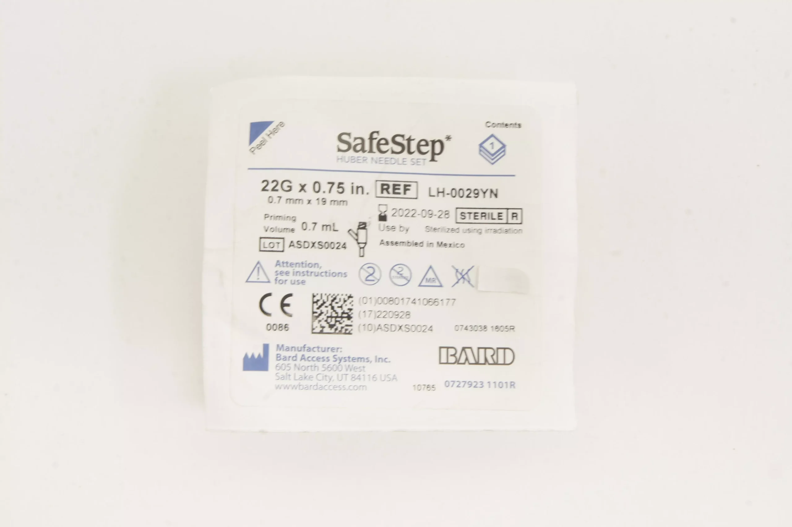 Bard LH-0029YN SafeStep 22G x 0.75inch Priming Volume 0.7ml with Y-Site