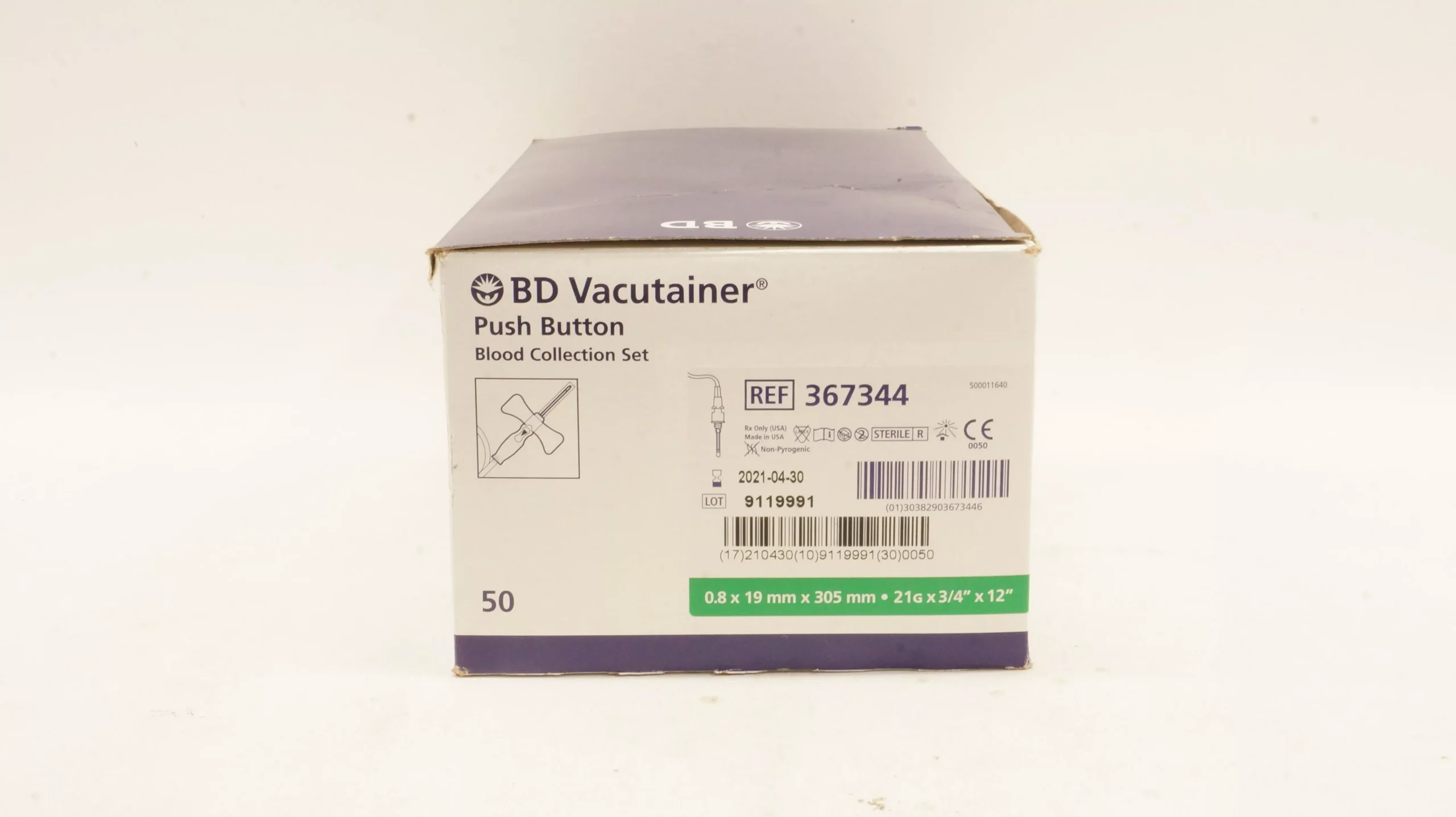BD 367344 Vacutainer Push Button Blood Collection Set 24Gx 3/4inch -Box of 50(x)