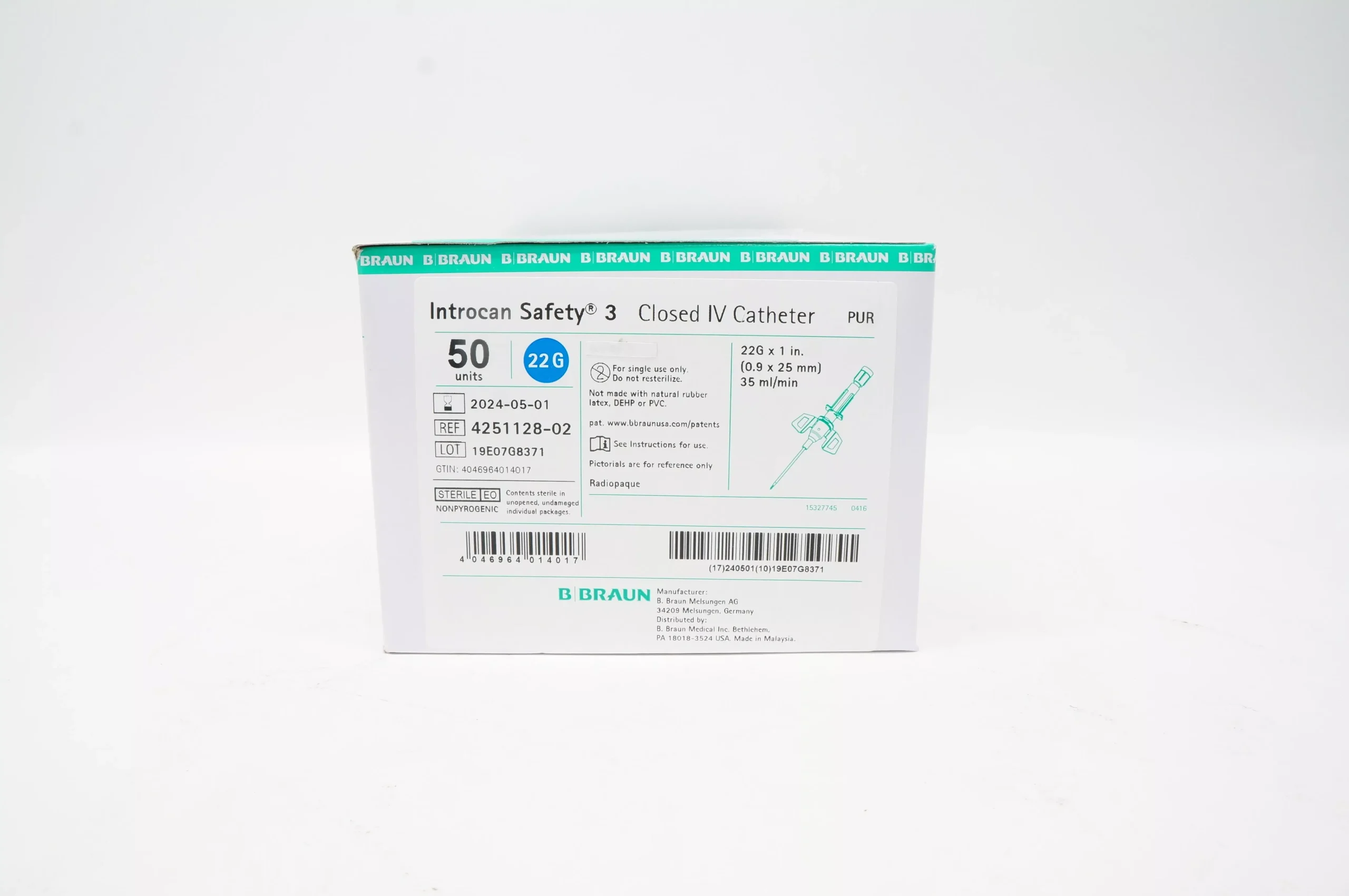Braun 4251128-02 Introcan Safety 3, Closed IV Cath. 22G x 1inch - Box of 50