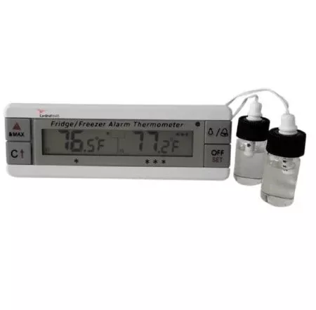 Cardinal Digital Refrigerator / Freezer Thermometer with Alarm CardinalHealth Fahrenheit / Celsius -40° to +158°F (-40° to +70°C) 2 Bottle Probes Flip-out Stand / Wall Mount Battery Operated - M-941648-2590 | Each