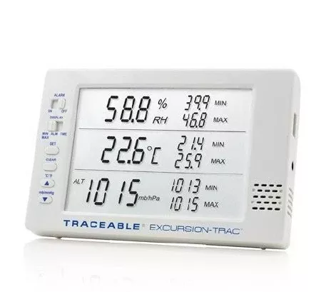 Cole-Parmer Inst. Hygrometer / Temperature Data Logger with Alarm Traceable Excursion-Trac Fahrenheit / Celsius 0° to 65°C External Probe Battery Operated - M-1091212-3165 | Each