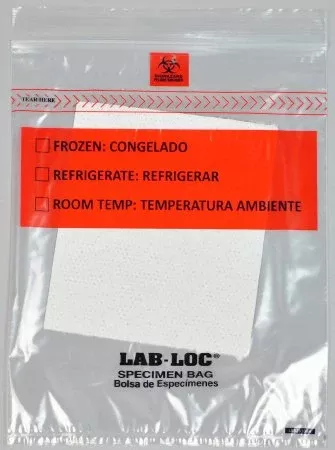 Elkay Plastics Specimen Transport Bag with Document Pouch and Absorbent Pad Lab-Loc 8 X 10 Inch LDPE Zip Closure Biohazard Symbol / Storage Instructions NonSterile - M-978553-1384 | Case of 1000
