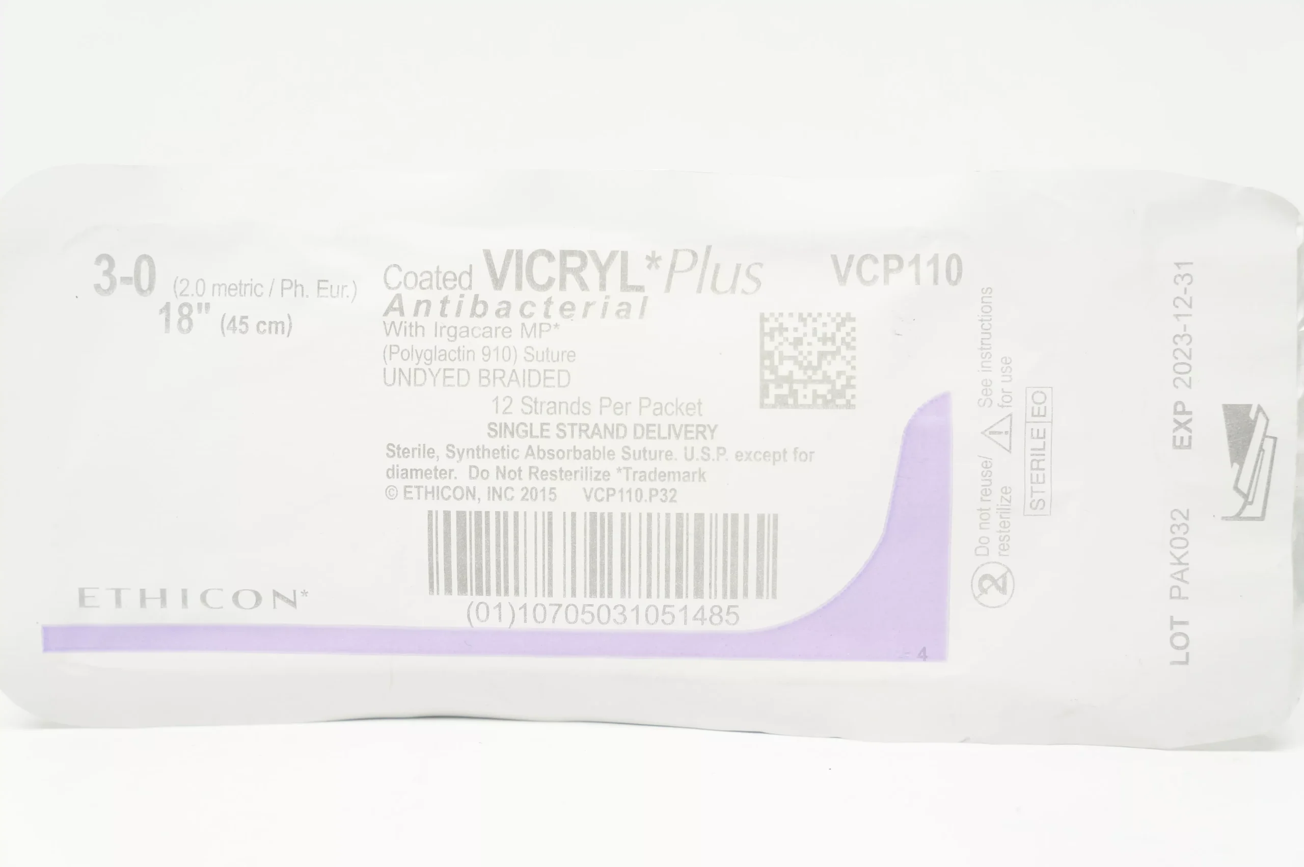 Ethicon VCP110 3-0 Coated VICRYLPlus Antibacterial Polyglactin 910 Stre, 18inch