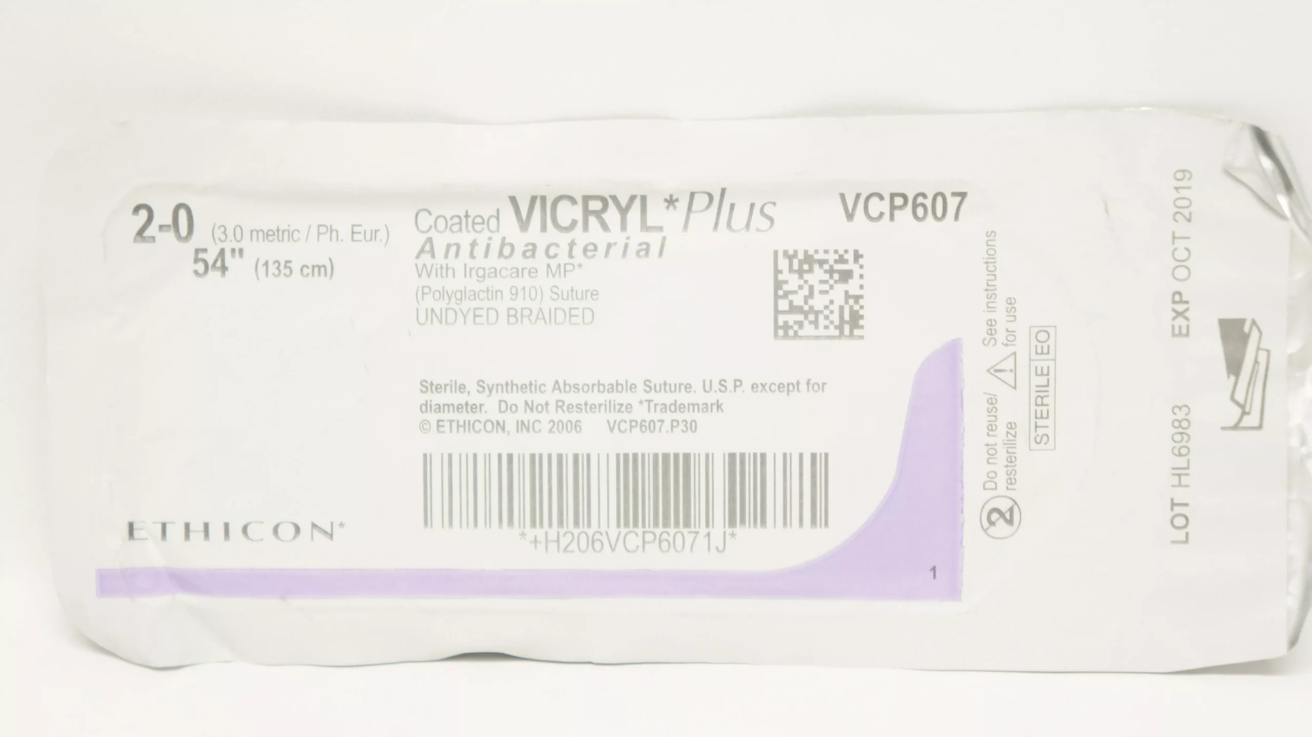 Ethicon VCP607 2-0 Coated Vicryl Plus Antibacterial Stre 54 inch (x)