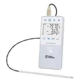 Fisher Scientific Datalogging Refrigerator / Freezer Thermometer with Alarm Fisherbrand TraceableLIVE Fahrenheit / Celsius -130° to +221°F (-90° to +105°C) Stainless Steel Probe Multiple Mounting Options Battery Operated - M-1063083-2963 | Each