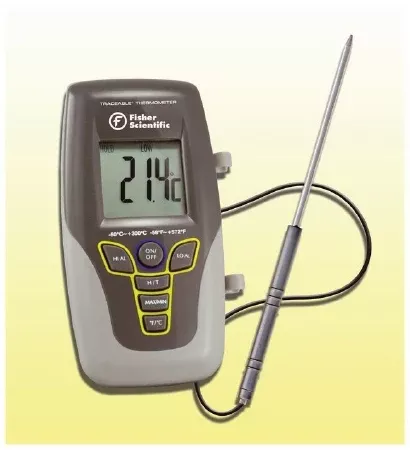 Fisher Scientific Digital Thermometer with Alarm Fisherbrand Traceable Kangaroo Celsius -50° to 300°C Stainless Steel Probe Flip-out Stand Battery Operated - M-1074509-1052 | Each