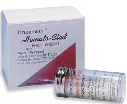 Fisher Scientific Hemato-Clad Capillary Blood Collection Tube Hematocrit Heparin Additive 1.1 X 75 mm 70 µL Red Stripe Without Closure Mylar Wrapped Glass Tube - M-374739-4862 | Pack of 200