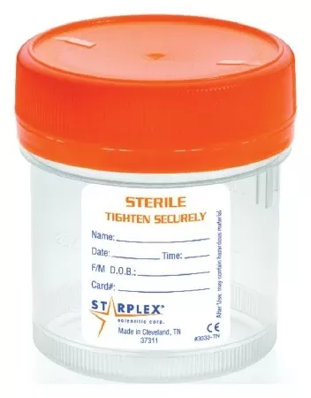 Fisher Scientific Urine Specimen Container Starplex Leakbuster 3 Polypropylene 90 mL (3 oz.) Screw Cap Patient Information Sterile in OR Ready Peel Pouch - M-891801-2590 | Case of 100
