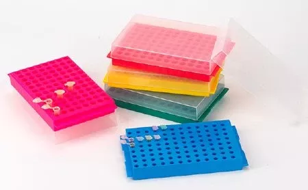 Globe Scientific Microcentrifuge Tube Rack Globe Scientific 96 Place 1.5 to 2 mL Tube Size / Reverse Side 0.2 to 0.5 mL Tube Size Assorted Colors 1-4/5 X 5-2/5 X 8-3/4 Inch - M-1114384-3991 | Pack of 5