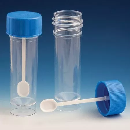 Globe Scientific Stool Specimen Container 25 X 90 mm Polystyrene 30 mL (1 oz.) Screw Cap with Sampling Device Unprinted NonSterile - M-919348-4852 | Case of 500