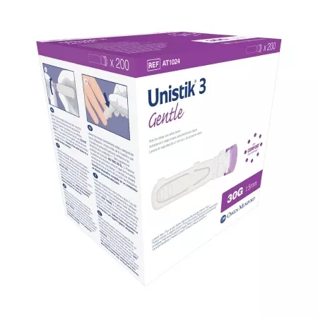Owen Mumford Lancet Unistik Low Flow Lancet Needle 1.5 mm Depth 30 Gauge Push Button Side Activation - M-872239-3639 | Box of 200