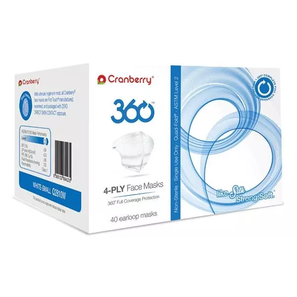 Pro2 Solutions Face Mask Earloop Cranberry 360 Level 2 Fluid Resistant Wht 40/Bx, 8 BX/CA (Q2810W)