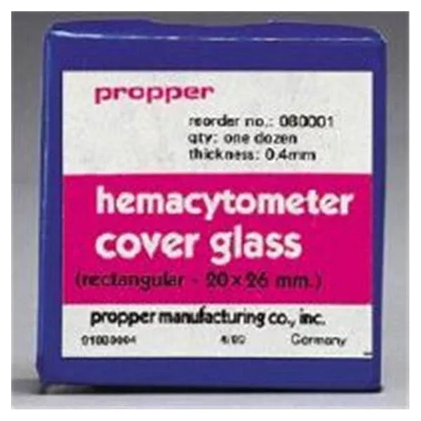 Propper Mfg Hemacytometer Microscope Cover Glass 20x26mm Ground Edge Ea, 12 EA/CA (8000100)